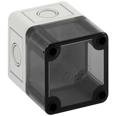 Grey electrical junction box with a transparent plastic lid and multiple round inlet openings on the sides.