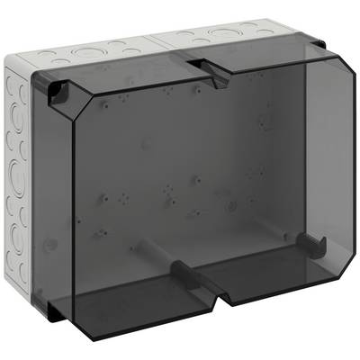 Grey rectangular enclosure with a transparent lid, suitable for wall mounting, with pre-formed openings on the sides.
