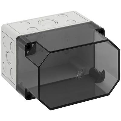 'Grey, rectangular plastic enclosure with a transparent lid and several round entry openings on the sides.'