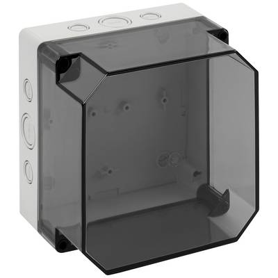 Electronic enclosure with transparent lid. Multiple cable entries on the sides. Suitable for wall mounting.