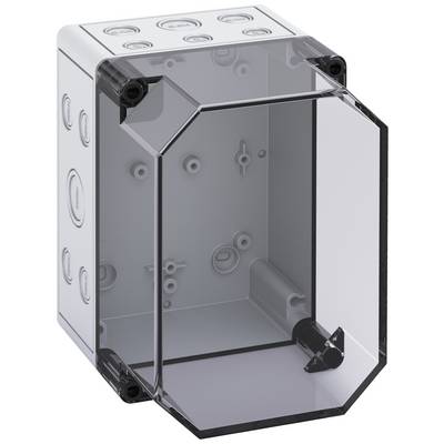 Grey, rectangular plastic enclosure with a transparent, removable lid, showing internal space with mounting points and cable entry points.
