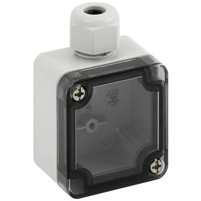 Waterproof, rectangular enclosure box with a transparent lid and sealing screws. Top surface featuring a cable entry opening.