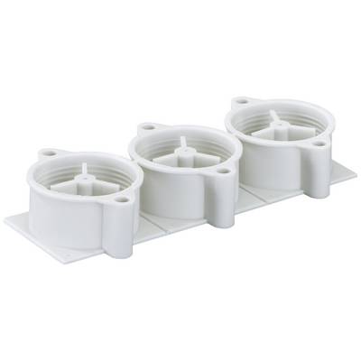 Three white, cylindrical plastic mountings arranged side by side on a rectangular base, potentially for technical or industrial applications.