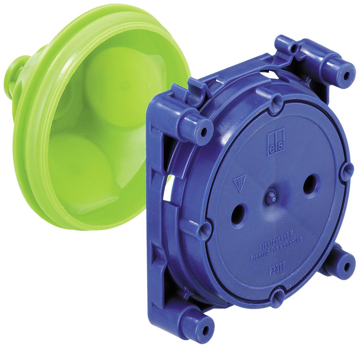 Green flush-mounted electrical back box with a blue cover, viewed from the side. Used for electrical installations within building walls.