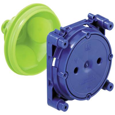 Green flush-mounted electrical back box with a blue cover, viewed from the side. Used for electrical installations within building walls.