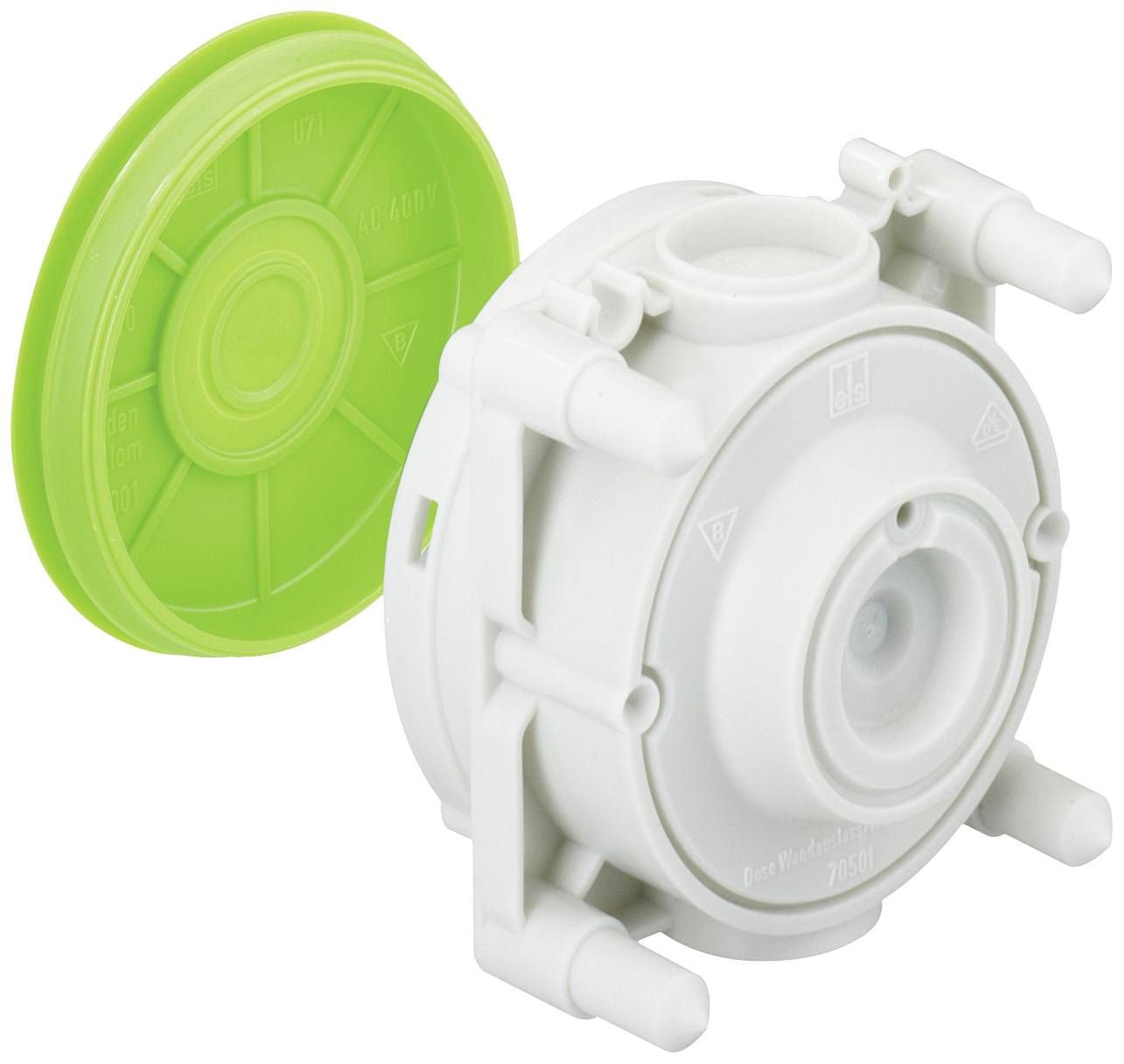 White round plastic box with three connections, next to a greenish removable lid. Used for connecting pipes.