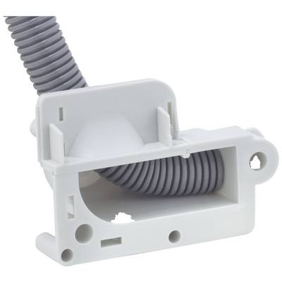 A white plastic component with an integrated grey spiral conduit. Suitable for cable management or mounting purposes.