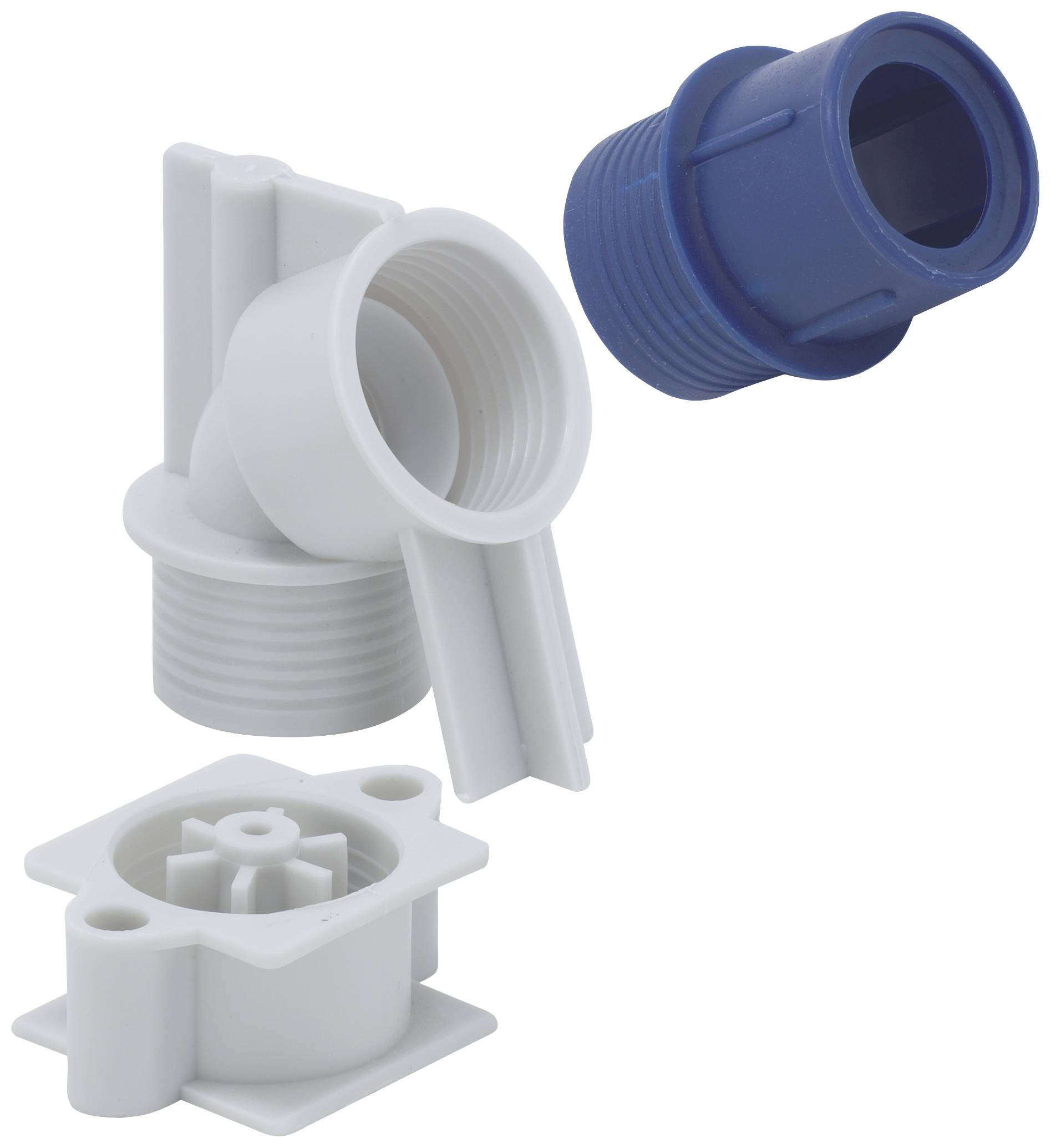 A white and blue plastic connector with separate threaded components for assembly, shown in an exploded view.