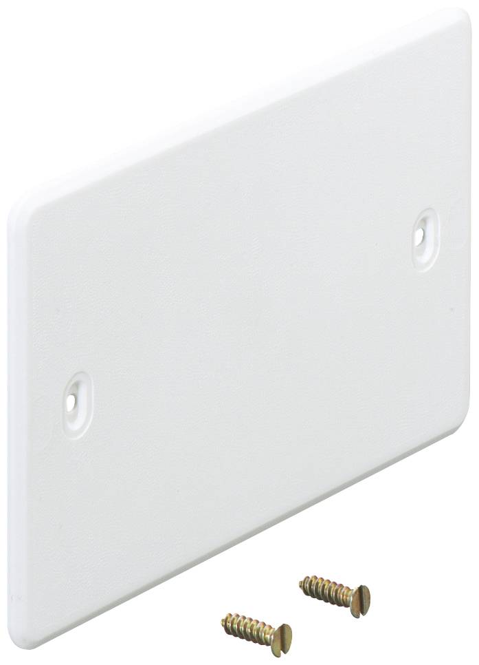 White cover plate with two screws, suitable for mounting on a wall or electrical cabinet.