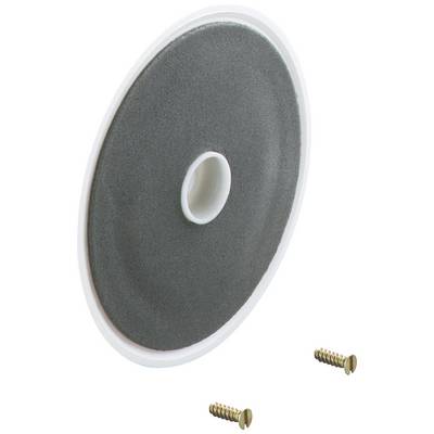 A round, grey foam buffer with a white border, alongside two gold-coloured screws.