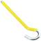 Yellow, anchored metal hook with a threaded end, suitable for hanging objects or securing them.