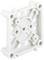 White plastic component, square in shape with a circular pattern in the centre and multiple holes; part of a larger mechanism.