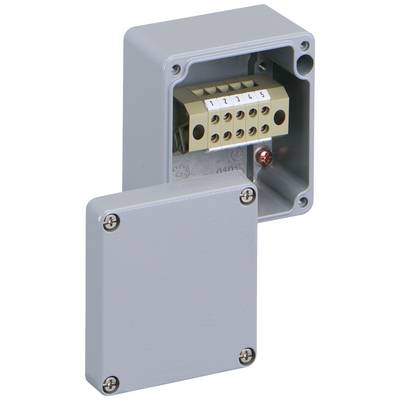 A grey socket outlet with its cover removed, revealing a six-terminal block system.