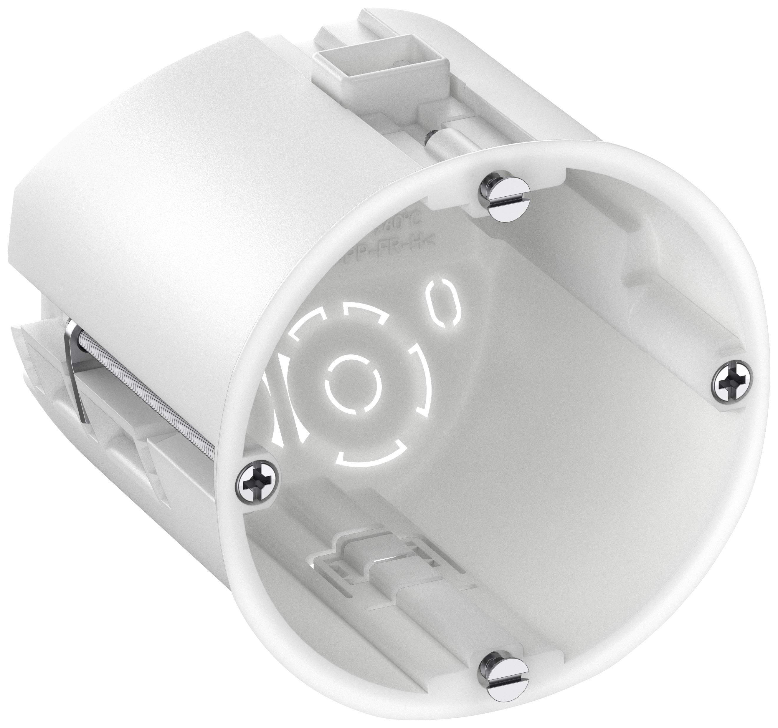 A round plastic flush-mounting electrical back box with multiple fixing screws. It is used for installing electrical components within walls.
