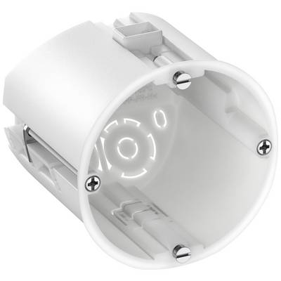 A round plastic flush-mounting electrical back box with multiple fixing screws. It is used for installing electrical components within walls.