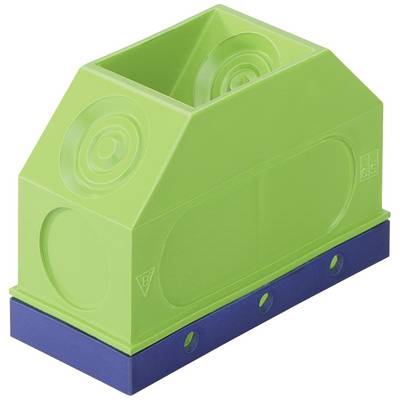 Green, rectangular plastic container with rounded corners and a blue base. Use as a pen holder or organiser.