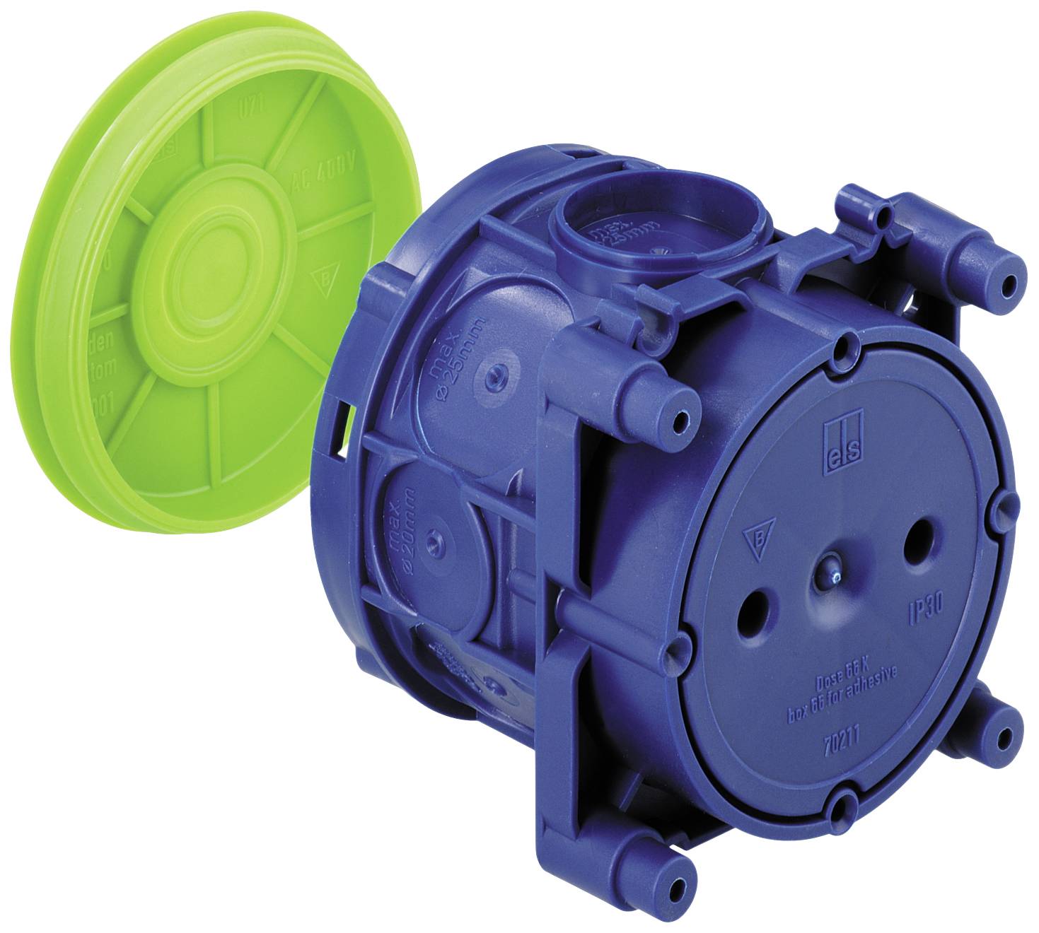 Blue flush-mounted recessed body with green protective cover, used for concealed installation in sanitary systems.