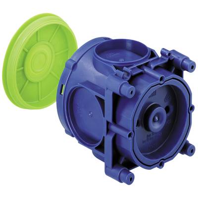 Blue plastic housing with a green lid, likely an assembly box for electrical installations, shows various connection options.