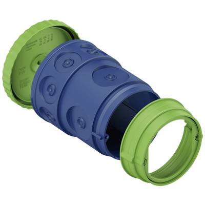 Blue and green plastic connector, suitable for piping systems. Detailed ring structure visible on the blue surface.