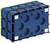 Blue plastic block with multiple round openings and rectangular recesses, used for socket installation.