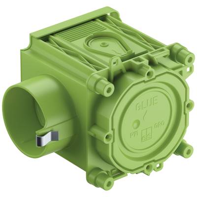 A green, rectangular plastic connector with multiple pipe connections and screw mechanisms, suitable for plumbing installations.
