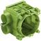 Green plastic junction box with a circular opening, suitable for electrical installations in walls.