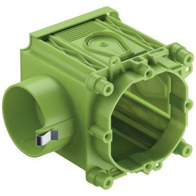 A green, cylindrical plastic component with multiple mounting points and an opening on the side, potentially an electrical enclosure.