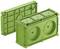 Green double flush-mounted electrical back box, front and rear views, showing connection details and mounting elements.