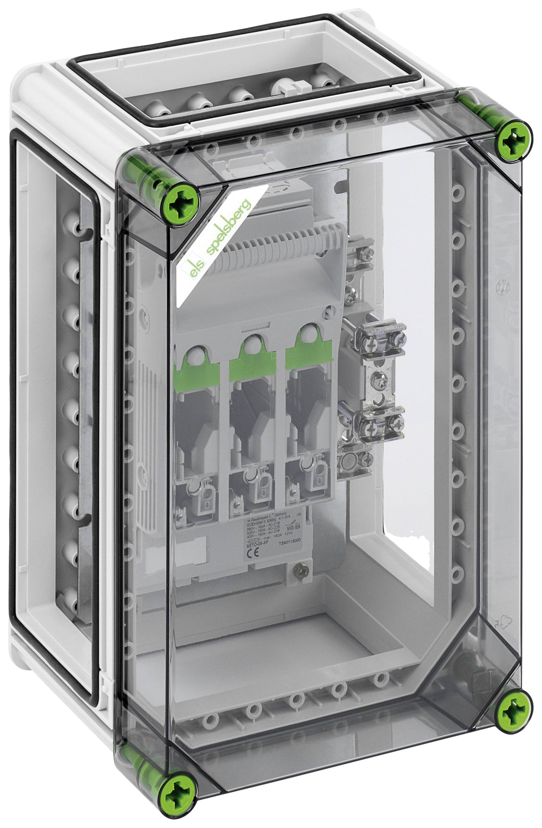 A transparent electrical enclosure with switches and green screws at the corners. Displays switching mechanisms inside.