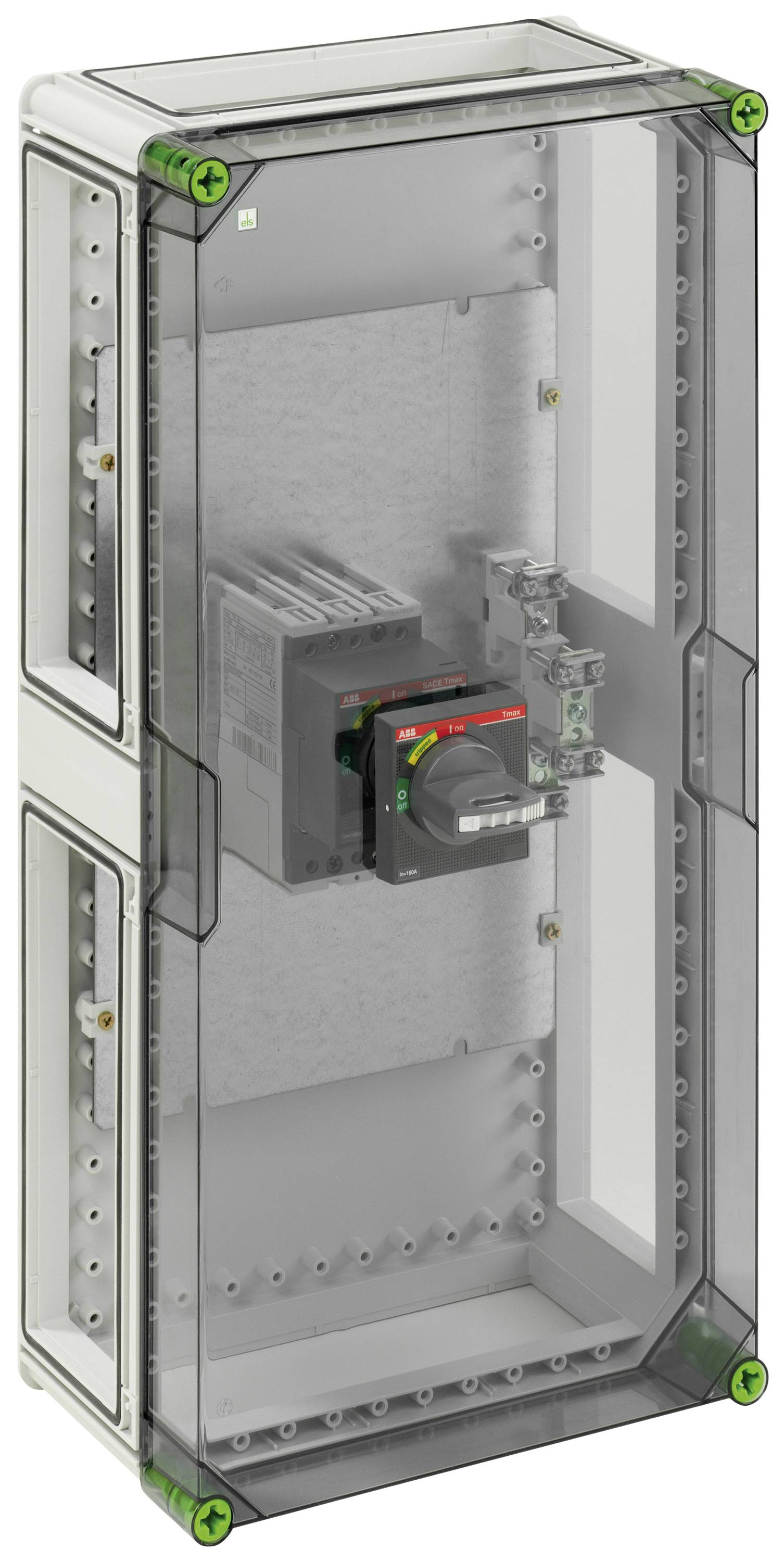 Transparent electrical enclosure with an installed switch and electronic components, mounting rails inside and corner locks.