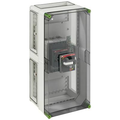 Electrical control cabinet with a transparent door, main switch visible in the centre. Enclosure with multiple mounting points.