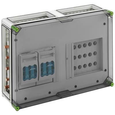 Grey-translucent housing with multiple connections and switches, suitable for electronic installations.