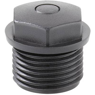 A black, hexagonal plastic threaded cap, suitable for sealing pipes or openings.
