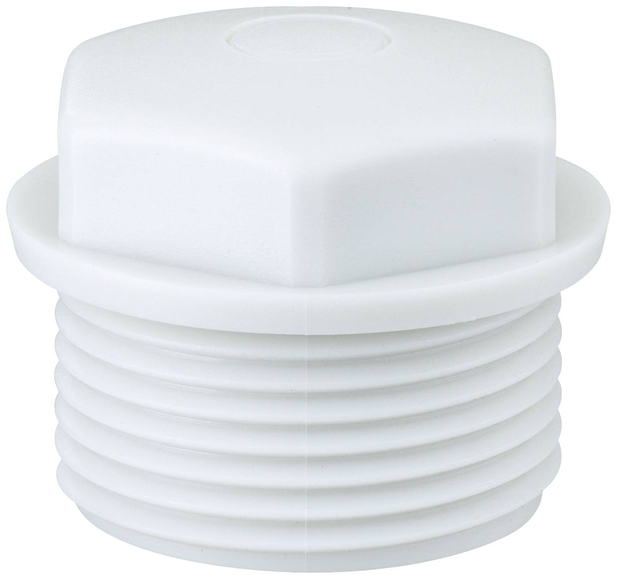A white plastic screw cap with a round top and ridged threading for sealing or closure.