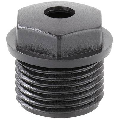 Black plastic threaded plug with hexagonal head and central hole, used for sealing in technical applications.
