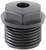 Black plastic threaded plug with hexagonal head and central hole, used for sealing in technical applications.