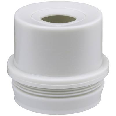 A white, cylindrical adapter with an opening in the middle, suitable for pipe connections or mounting applications.