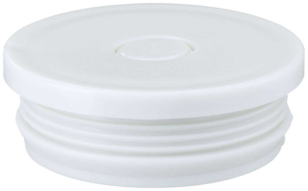 A white, round plastic lid with a screw thread, suitable for sealing containers.