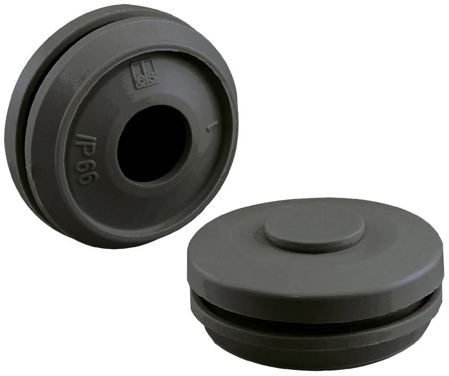 Black, round plastic IP66 cable gland, shown closed and open, for secure cable protection against dust and water.