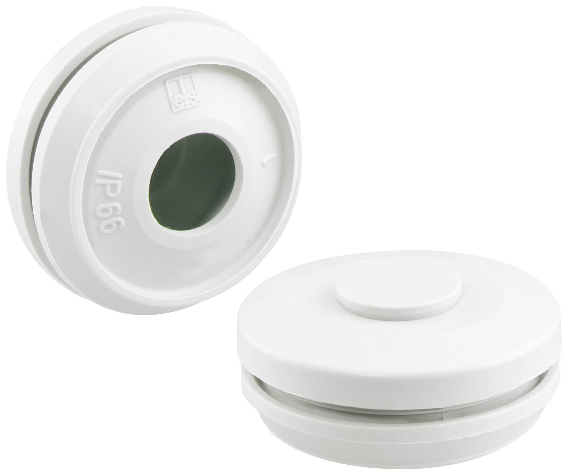 Two white sealing plugs with a round shape and a central hole, marked with 'IP66' for high protection against dust and water.