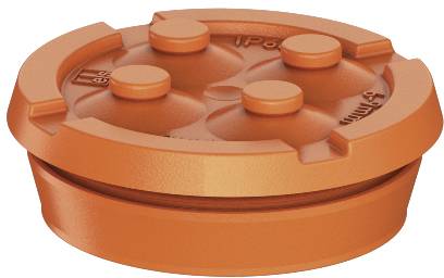 Orange plastic lid with four round protrusions, possibly for a container or manhole cover.