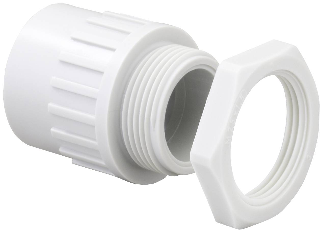 White plastic threaded fitting with a ribbed surface and a separate union nut, designed to fit a cylindrical connection.