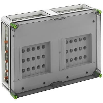 A rectangular, grey enclosure with a transparent lid, housing electrical connections or protective switches.