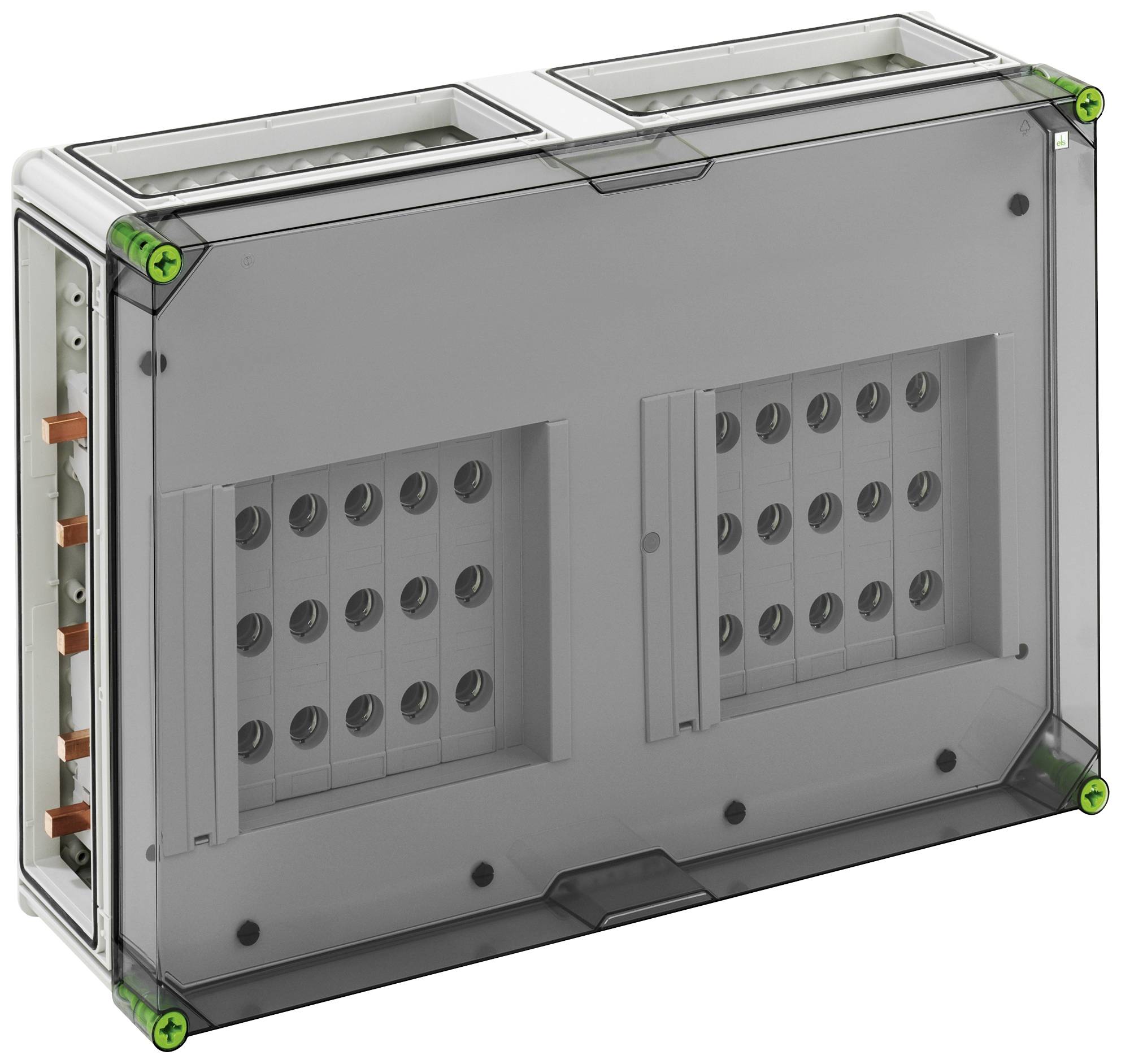 A rectangular grey plastic box with two rows of round internal connections. Green screws are located at the corners.