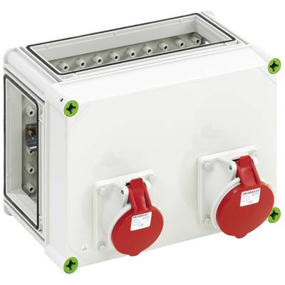 A white electric enclosure with two red power sockets on the front.