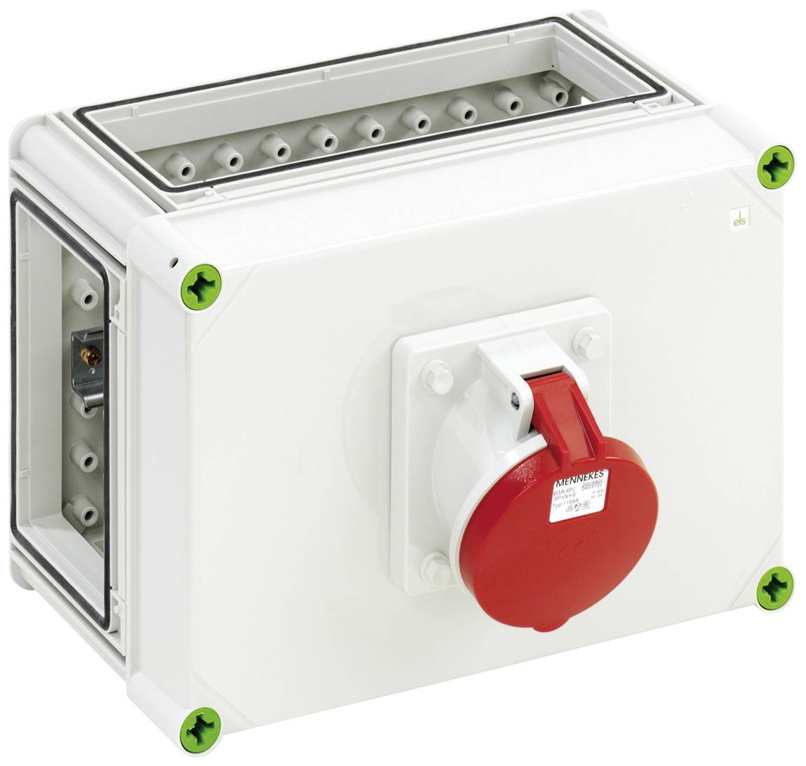 White electrical socket outlet with a red socket and green screws at the corners, suitable for industrial applications.