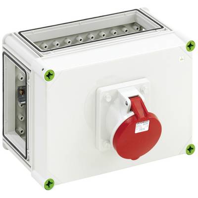 A white socket with a red rotary lock, mounted in a rectangular housing, suitable for industrial applications.