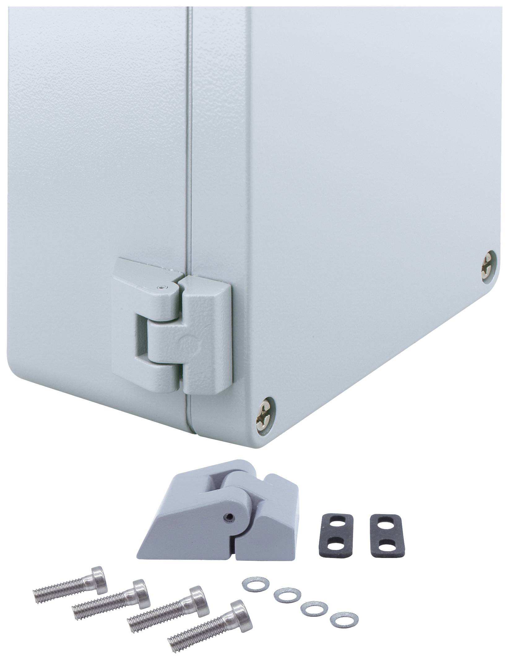 Metal enclosure with hinge and screws, washers.