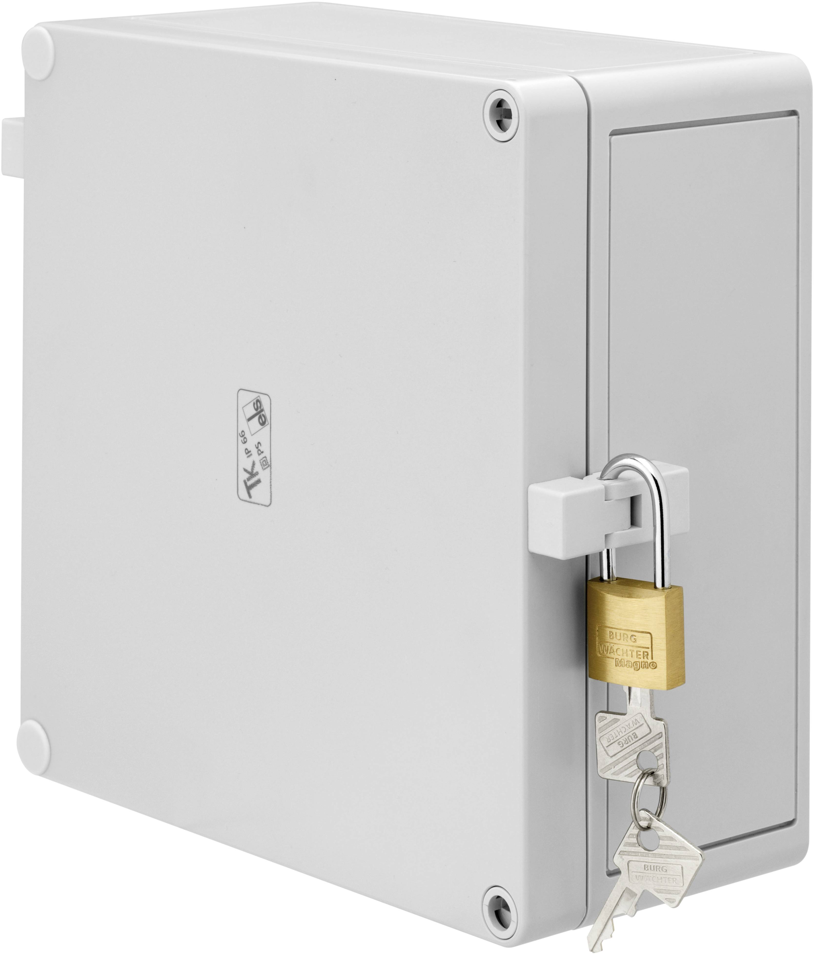 Lockable grey cabinet with a padlock and two keys on the front.