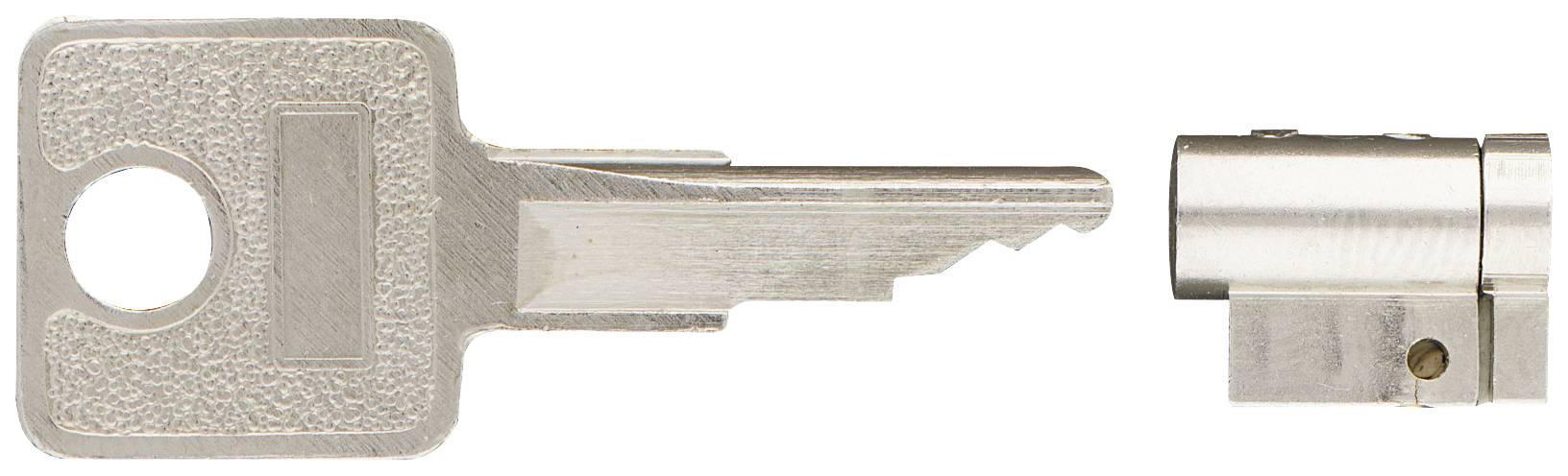 A metal key and lock cylinder lying side by side on a white background.